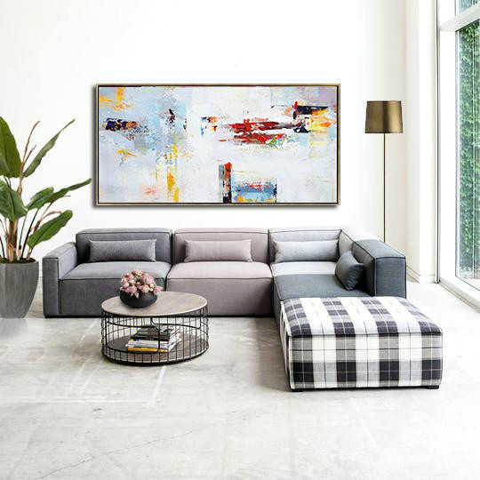 Original Extra Large Wall Art,Horizontal Palette Knife Contemporary Art Panoramic Canvas Painting,Bedroom Wall Decor,Grey,White,Red,Yellow.etc